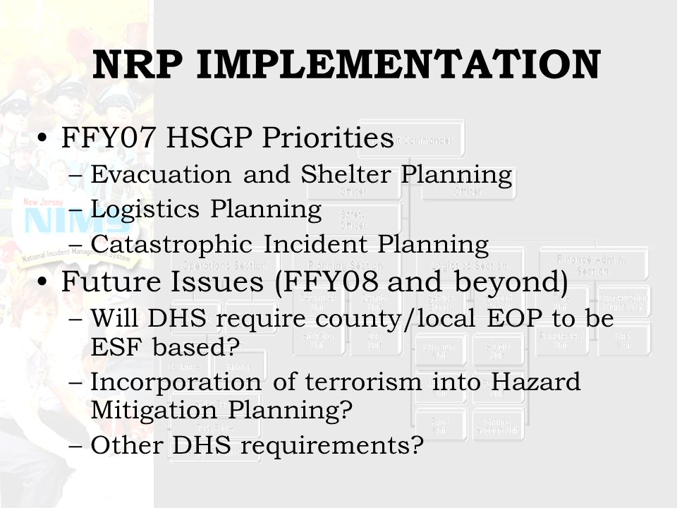 NRP IMPLEMENTATION FFY07 HSGP Priorities –Evacuation and Shelter Planning –Logistics Planning –Catastrophic Incident Planning Future Issues (FFY08 and beyond) –Will DHS require county/local EOP to be ESF based.