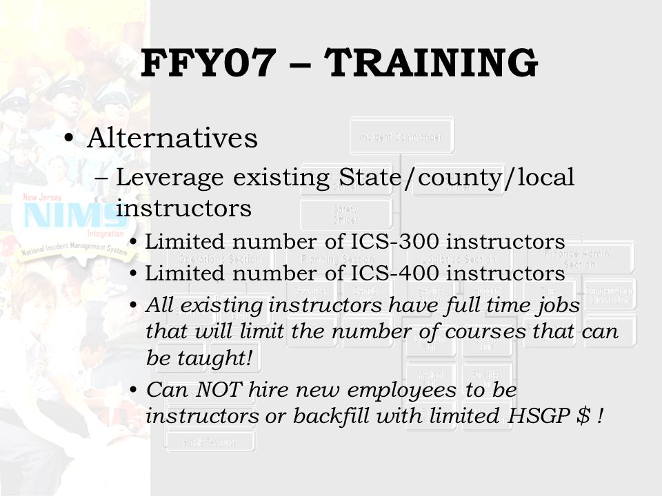 FFY07 – TRAINING Alternatives –Leverage existing State/county/local instructors Limited number of ICS-300 instructors Limited number of ICS-400 instructors All existing instructors have full time jobs that will limit the number of courses that can be taught.