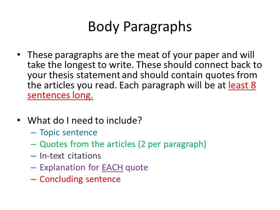 Body Paragraphs These paragraphs are the meat of your paper and will take the longest to write.