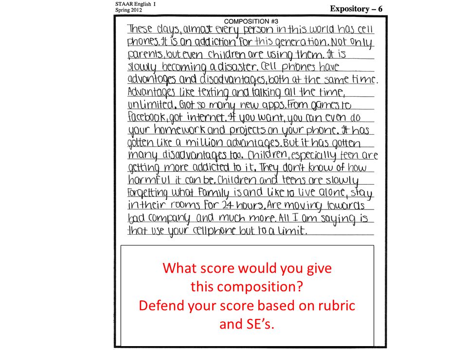 What score would you give this composition. Defend your score based on rubric and SE’s.