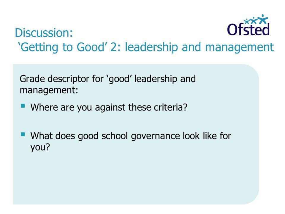 Grade descriptor for ‘good’ leadership and management:  Where are you against these criteria.