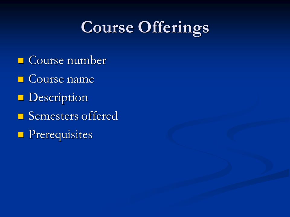 Course Offerings Course number Course number Course name Course name Description Description Semesters offered Semesters offered Prerequisites Prerequisites