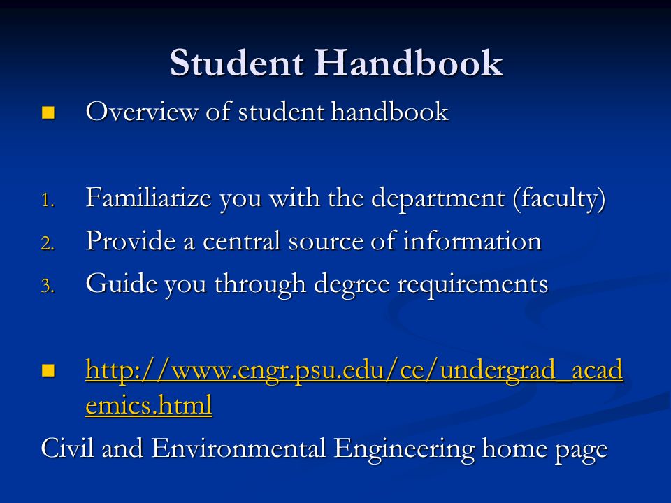 Student Handbook Overview of student handbook Overview of student handbook 1.