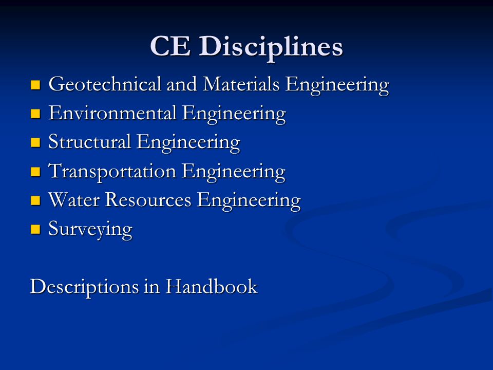CE Disciplines Geotechnical and Materials Engineering Geotechnical and Materials Engineering Environmental Engineering Environmental Engineering Structural Engineering Structural Engineering Transportation Engineering Transportation Engineering Water Resources Engineering Water Resources Engineering Surveying Surveying Descriptions in Handbook