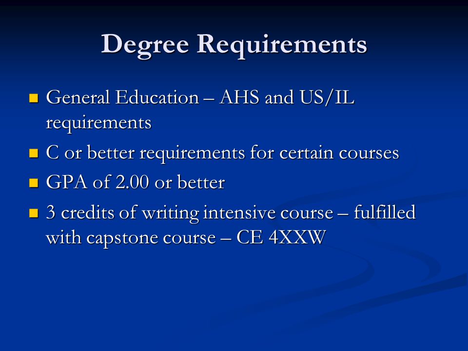 Degree Requirements General Education – AHS and US/IL requirements General Education – AHS and US/IL requirements C or better requirements for certain courses C or better requirements for certain courses GPA of 2.00 or better GPA of 2.00 or better 3 credits of writing intensive course – fulfilled with capstone course – CE 4XXW 3 credits of writing intensive course – fulfilled with capstone course – CE 4XXW