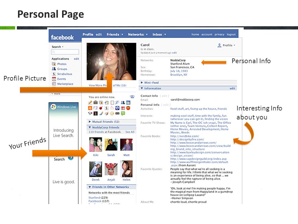 Personal Page Personal Info Interesting Info about you Your Friends Profile Picture