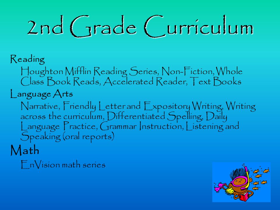 2nd Grade Curriculum Reading Houghton Mifflin Reading Series, Non-Fiction, Whole Class Book Reads, Accelerated Reader, Text Books Language Arts Narrative, Friendly Letter and Expository Writing, Writing across the curriculum, Differentiated Spelling, Daily Language Practice, Grammar Instruction, Listening and Speaking (oral reports) Math EnVision math series