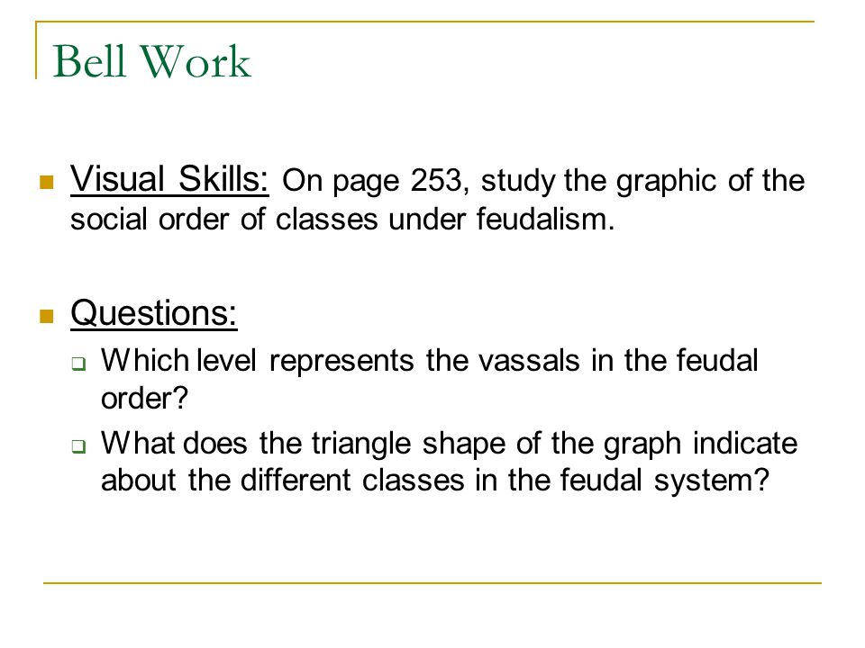Bell Work Visual Skills: On page 253, study the graphic of the social order of classes under feudalism.