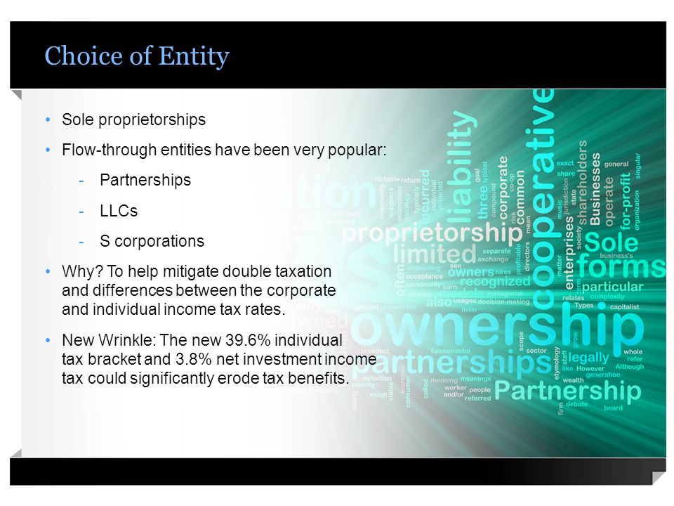 Choice of Entity Sole proprietorships Flow-through entities have been very popular: -Partnerships -LLCs -S corporations Why.