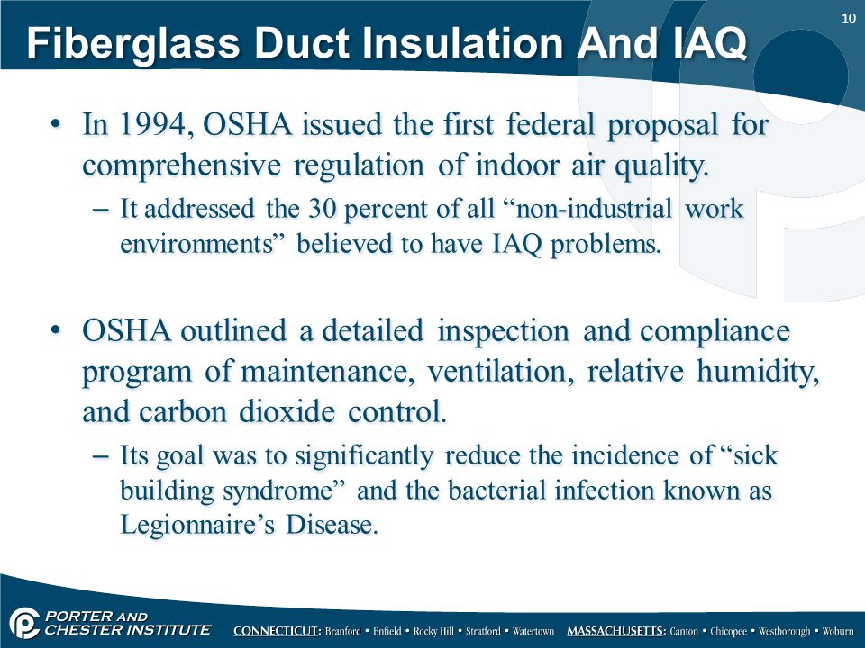 10 Fiberglass Duct Insulation And IAQ In 1994, OSHA issued the first federal proposal for comprehensive regulation of indoor air quality.