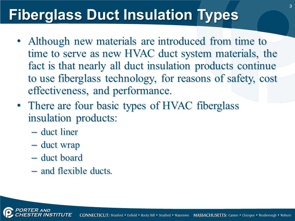3 Fiberglass Duct Insulation Types Although new materials are introduced from time to time to serve as new HVAC duct system materials, the fact is that nearly all duct insulation products continue to use fiberglass technology, for reasons of safety, cost effectiveness, and performance.