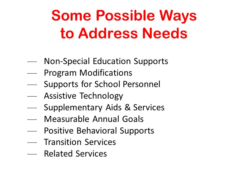 Some Possible Ways to Address Needs — Non-Special Education Supports — Program Modifications — Supports for School Personnel — Assistive Technology — Supplementary Aids & Services — Measurable Annual Goals — Positive Behavioral Supports — Transition Services — Related Services