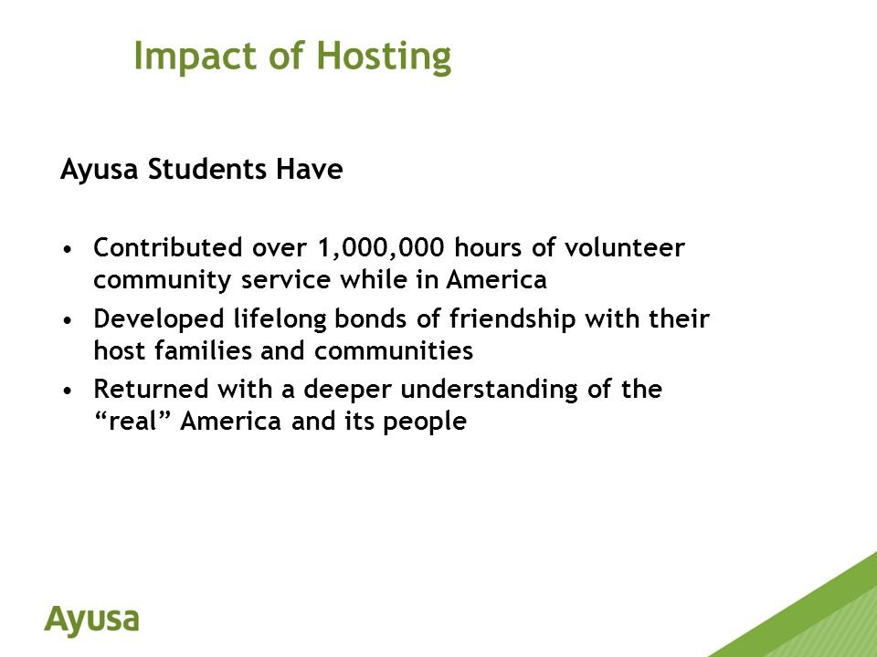 Ayusa Students Have Contributed over 1,000,000 hours of volunteer community service while in America Developed lifelong bonds of friendship with their host families and communities Returned with a deeper understanding of the real America and its people Impact of Hosting