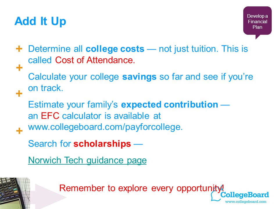 Add It Up Determine all college costs — not just tuition.