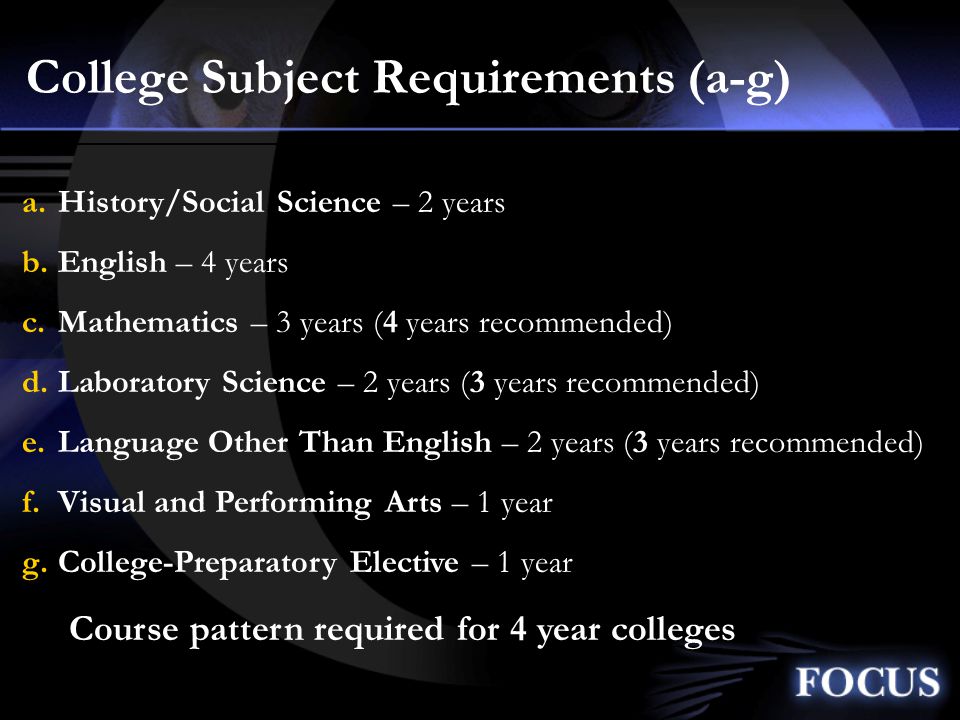 College Subject Requirements (a-g) a.History/Social Science – 2 years b.English – 4 years c.Mathematics – 3 years (4 years recommended) d.Laboratory Science – 2 years (3 years recommended) e.Language Other Than English – 2 years (3 years recommended) f.Visual and Performing Arts – 1 year g.College-Preparatory Elective – 1 year Course pattern required for 4 year colleges