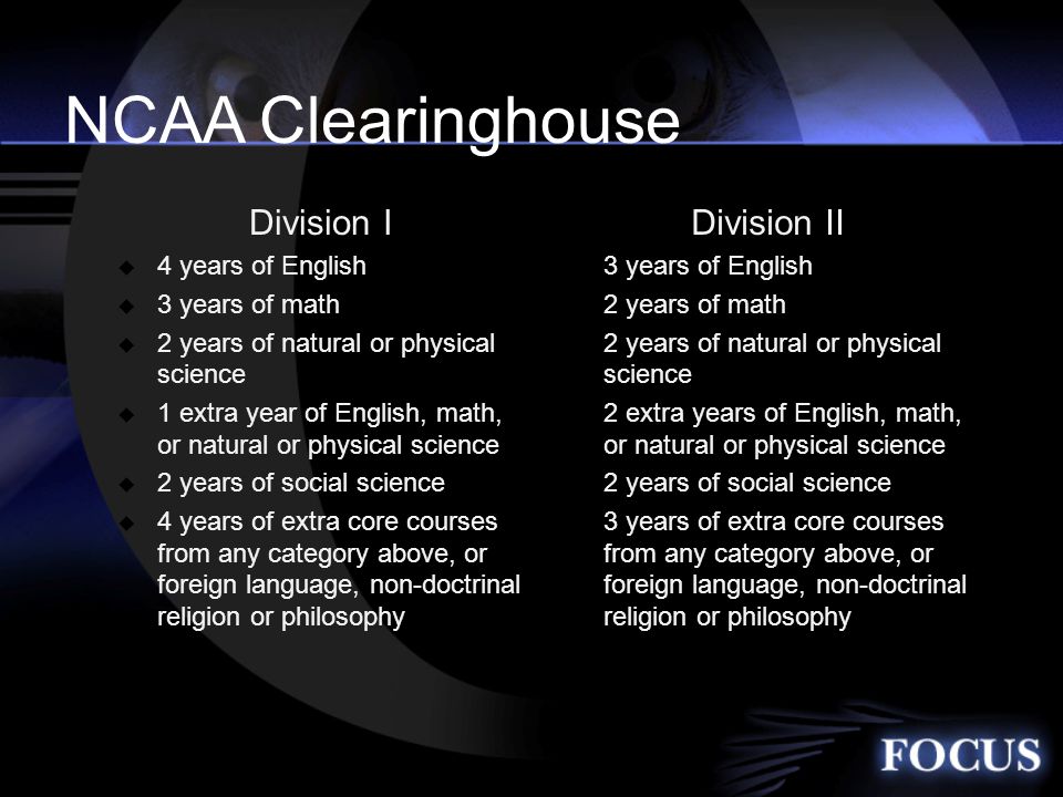 NCAA Clearinghouse Division I  4 years of English  3 years of math  2 years of natural or physical science  1 extra year of English, math, or natural or physical science  2 years of social science  4 years of extra core courses from any category above, or foreign language, non-doctrinal religion or philosophy Division II  3 years of English  2 years of math  2 years of natural or physical science  2 extra years of English, math, or natural or physical science  2 years of social science  3 years of extra core courses from any category above, or foreign language, non-doctrinal religion or philosophy