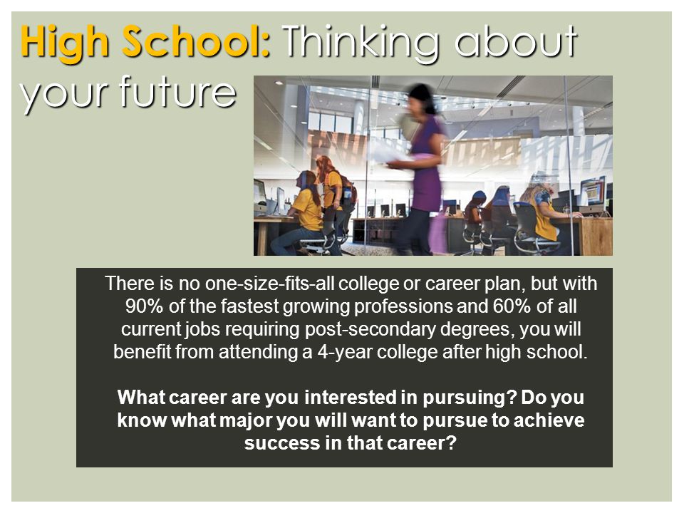High School: Thinking about your future There is no one-size-fits-all college or career plan, but with 90% of the fastest growing professions and 60% of all current jobs requiring post-secondary degrees, you will benefit from attending a 4-year college after high school.