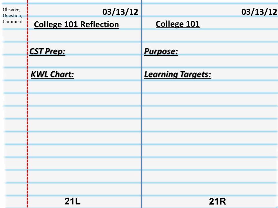 College R 21L 03/13/12 College 101 Reflection 03/13/12 Observe, Question, Comment CST Prep: Purpose: Learning Targets: KWL Chart: