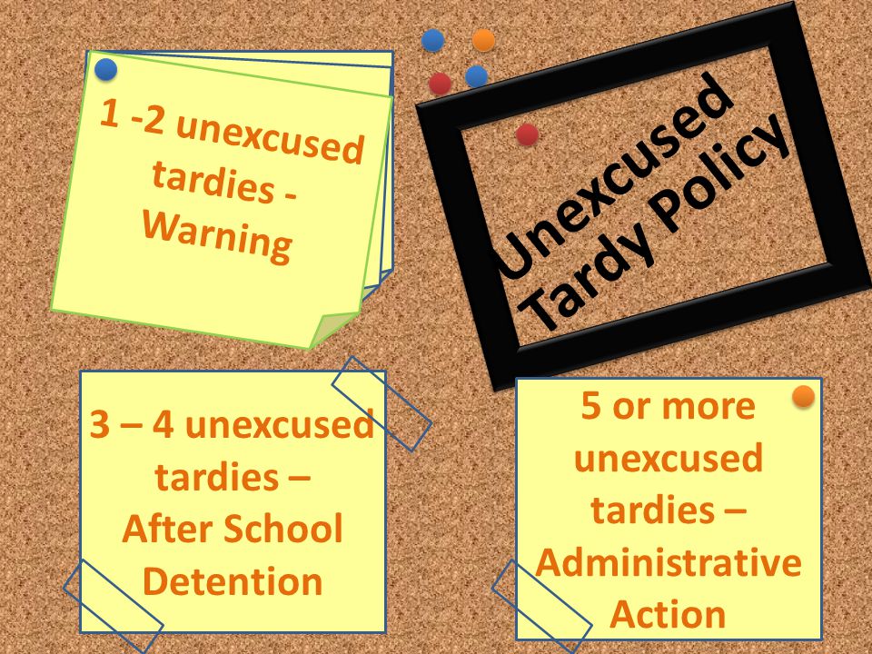 1 -2 unexcused tardies - Warning Tardy Policy 3 – 4 unexcused tardies – After School Detention 5 or more unexcused tardies – Administrative Action Unexcused