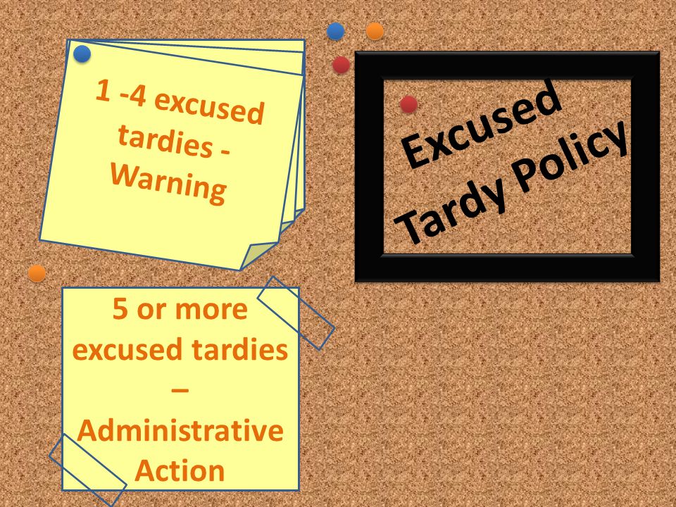 1 -4 excused tardies - Warning Tardy Policy 5 or more excused tardies – Administrative Action Excused