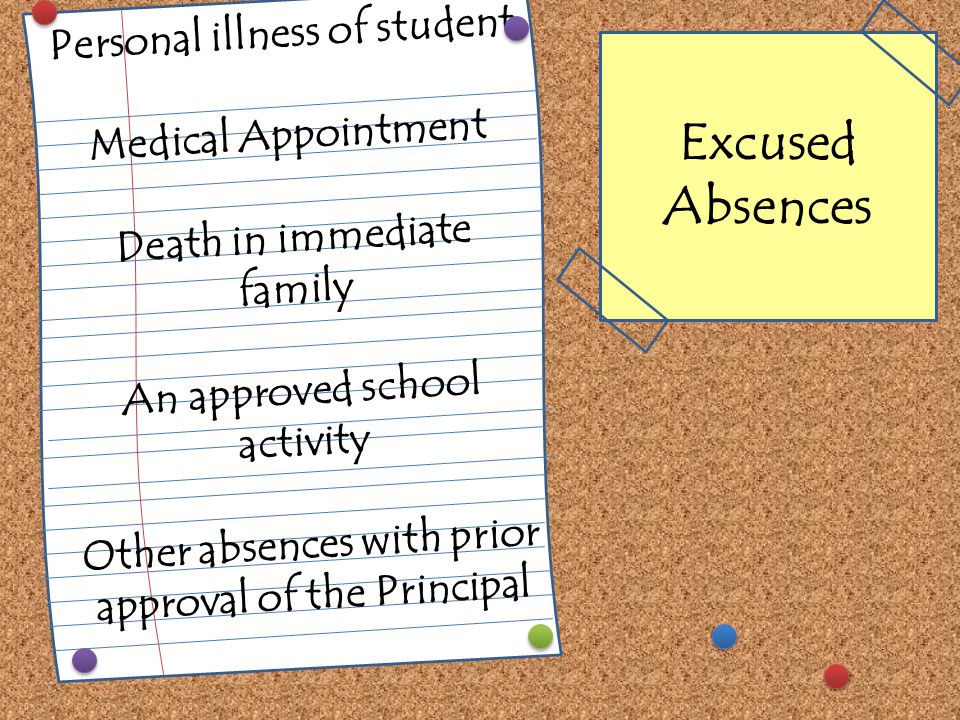 Personal illness of student Medical Appointment Death in immediate family An approved school activity Other absences with prior approval of the Principal Excused Absences