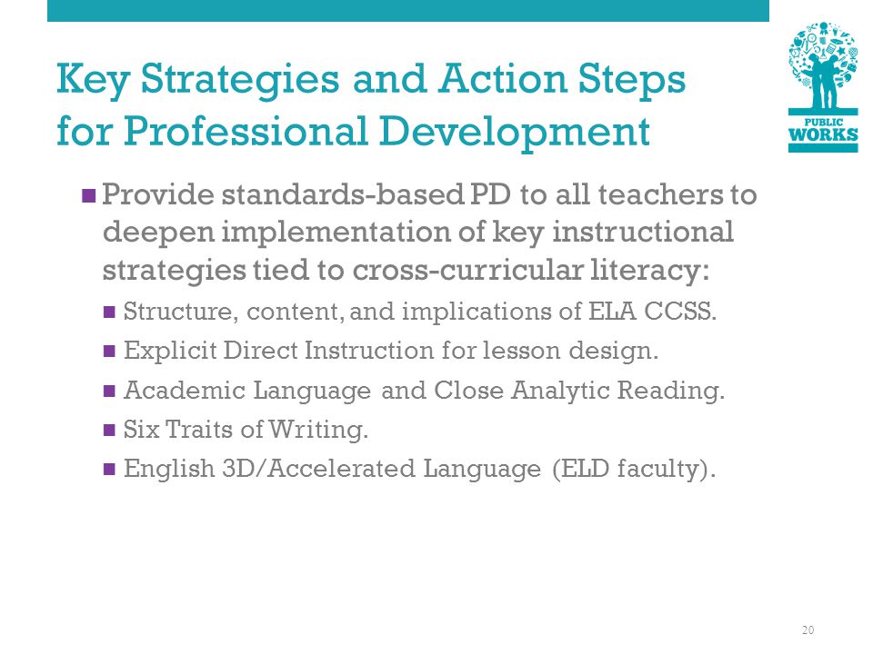 Key Strategies and Action Steps for Professional Development Provide standards-based PD to all teachers to deepen implementation of key instructional strategies tied to cross-curricular literacy: Structure, content, and implications of ELA CCSS.
