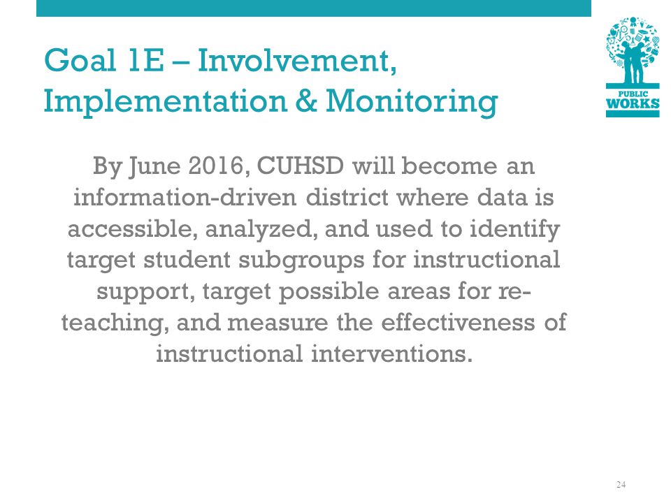 Goal 1E – Involvement, Implementation & Monitoring By June 2016, CUHSD will become an information-driven district where data is accessible, analyzed, and used to identify target student subgroups for instructional support, target possible areas for re- teaching, and measure the effectiveness of instructional interventions.