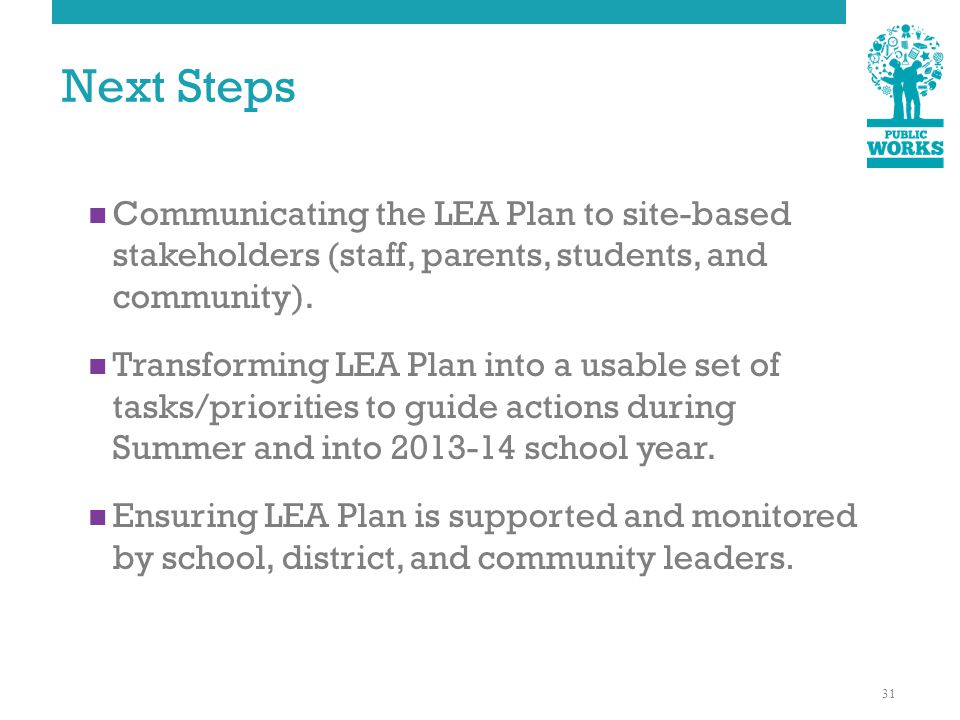 Next Steps Communicating the LEA Plan to site-based stakeholders (staff, parents, students, and community).