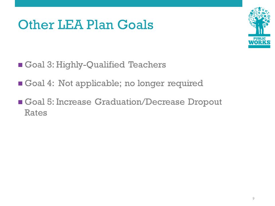Other LEA Plan Goals Goal 3: Highly-Qualified Teachers Goal 4: Not applicable; no longer required Goal 5: Increase Graduation/Decrease Dropout Rates 9
