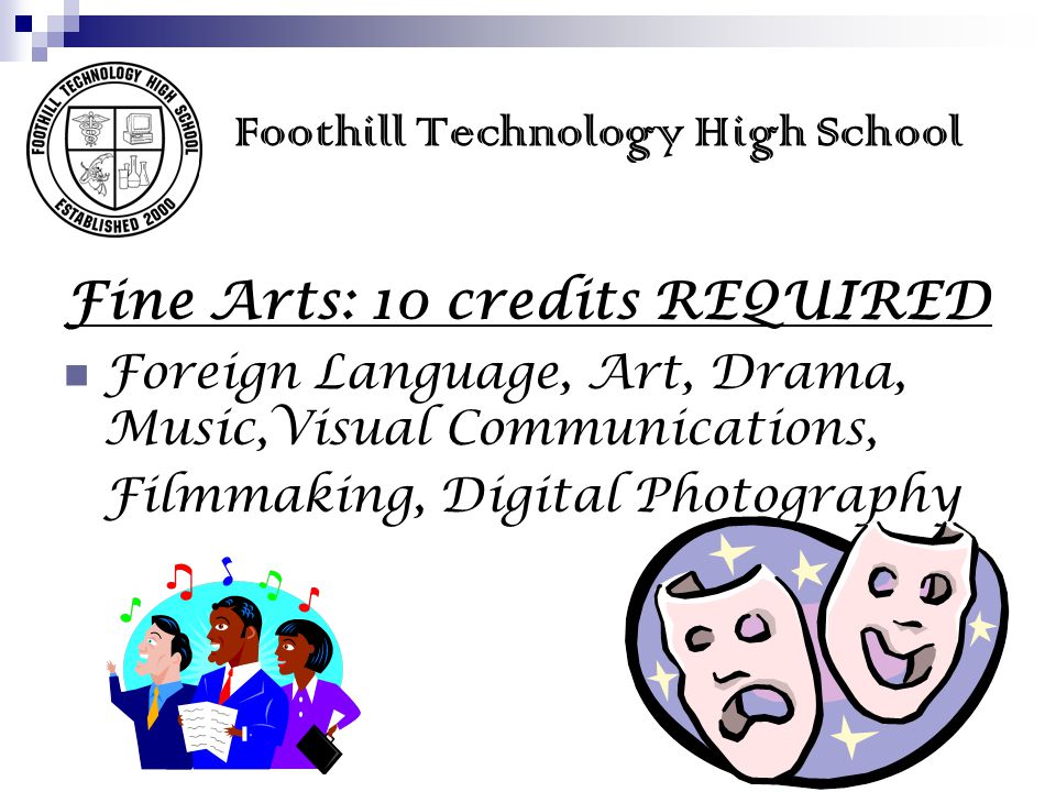 Foothill Technology High School Fine Arts: 10 credits REQUIRED Foreign Language, Art, Drama, Music,Visual Communications, Filmmaking, Digital Photography F T