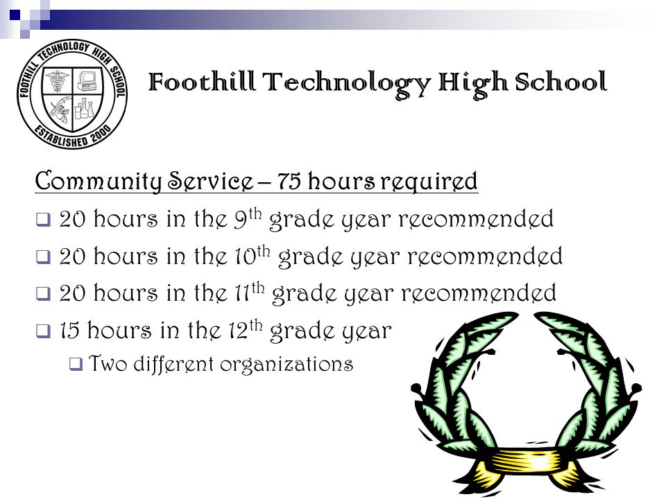 Foothill Technology High School Community Service – 75 hours required  20 hours in the 9 th grade year recommended  20 hours in the 10 th grade year recommended  20 hours in the 11 th grade year recommended  15 hours in the 12 th grade year  Two different organizations