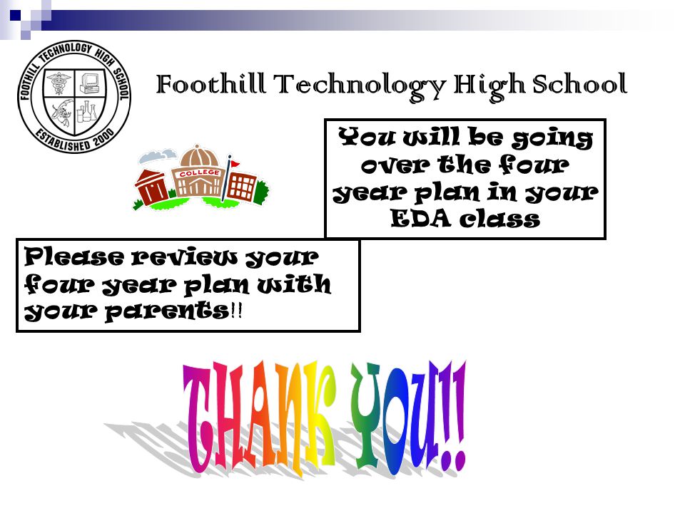 Foothill Technology High School Please review your four year plan with your parents !.