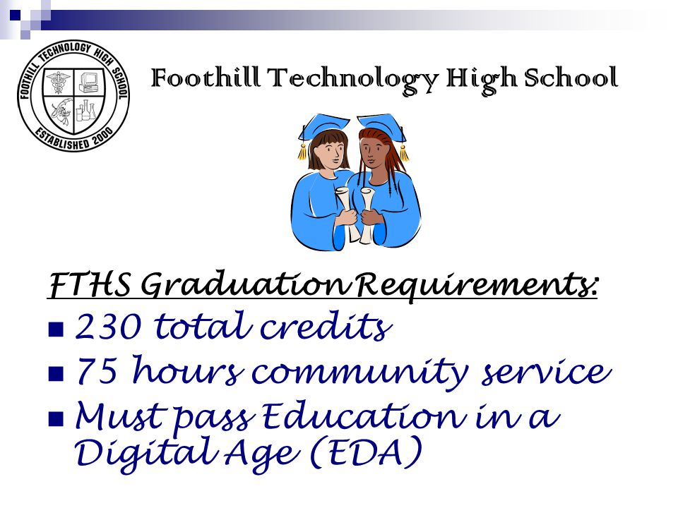 FTHS Graduation Requirements: 230 total credits 75 hours community service Must pass Education in a Digital Age (EDA)