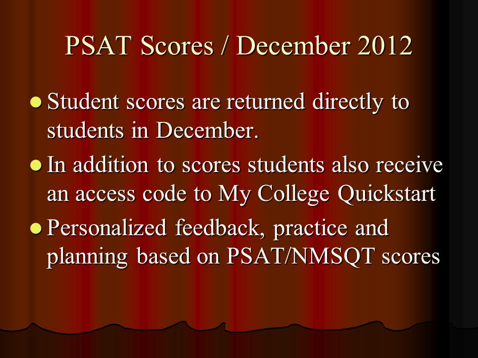 PSAT Scores / December 2012 Student scores are returned directly to students in December.