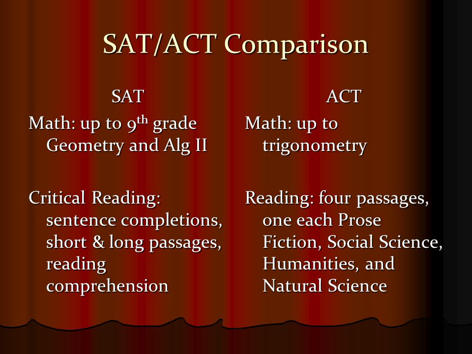 SAT/ACT Comparison SAT Math: up to 9 th grade Geometry and Alg II Critical Reading: sentence completions, short & long passages, reading comprehension ACT Math: up to trigonometry Reading: four passages, one each Prose Fiction, Social Science, Humanities, and Natural Science