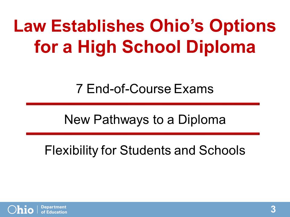 3 Law Establishes Ohio’s Options for a High School Diploma 7 End-of-Course Exams New Pathways to a Diploma Flexibility for Students and Schools