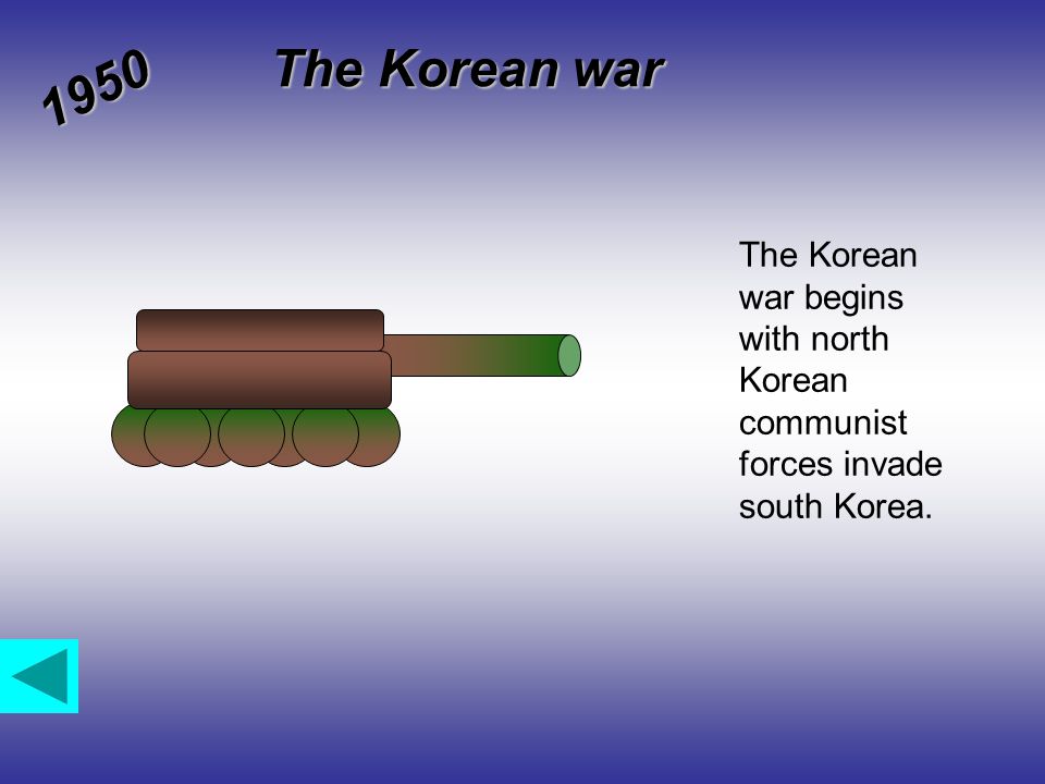 The Korean war 1950 The Korean war begins with north Korean communist forces invade south Korea.