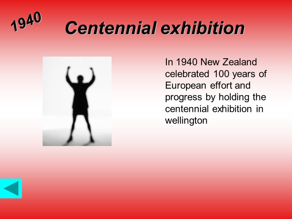 Centennial exhibition 1940 In 1940 New Zealand celebrated 100 years of European effort and progress by holding the centennial exhibition in wellington
