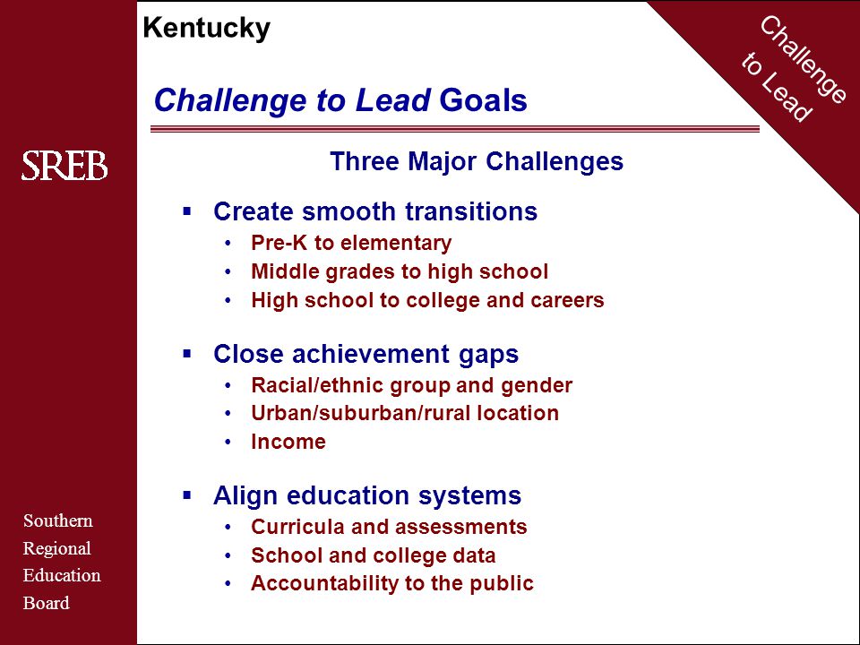 Challenge to Lead Southern Regional Education Board Kentucky Challenge to Lead Goals Three Major Challenges  Create smooth transitions Pre-K to elementary Middle grades to high school High school to college and careers  Close achievement gaps Racial/ethnic group and gender Urban/suburban/rural location Income  Align education systems Curricula and assessments School and college data Accountability to the public