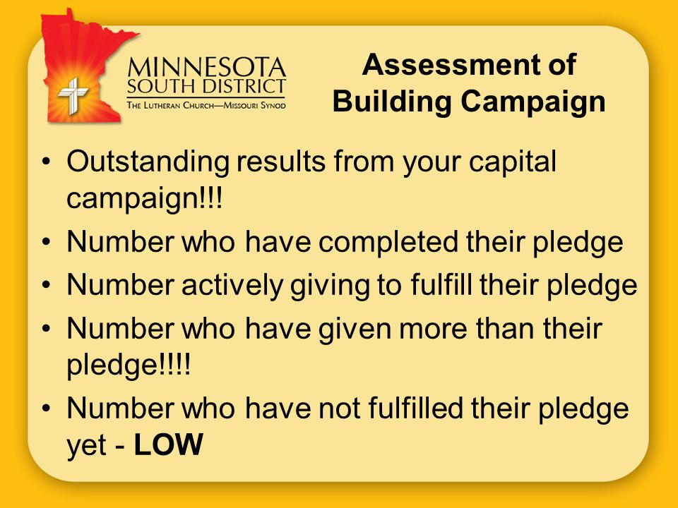 Assessment of Building Campaign Outstanding results from your capital campaign!!.