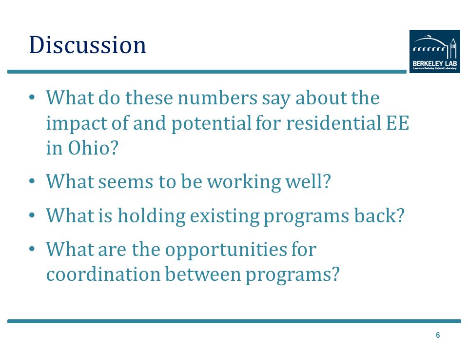 Discussion What do these numbers say about the impact of and potential for residential EE in Ohio.