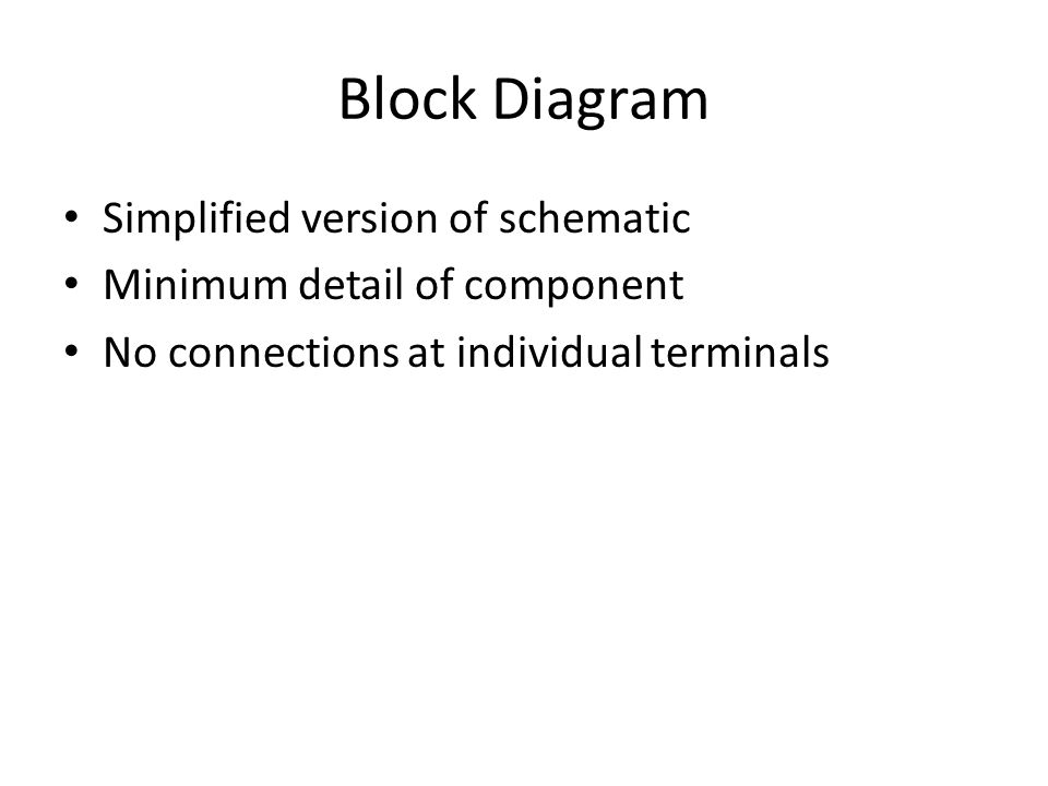 Block Diagram Simplified version of schematic Minimum detail of component No connections at individual terminals