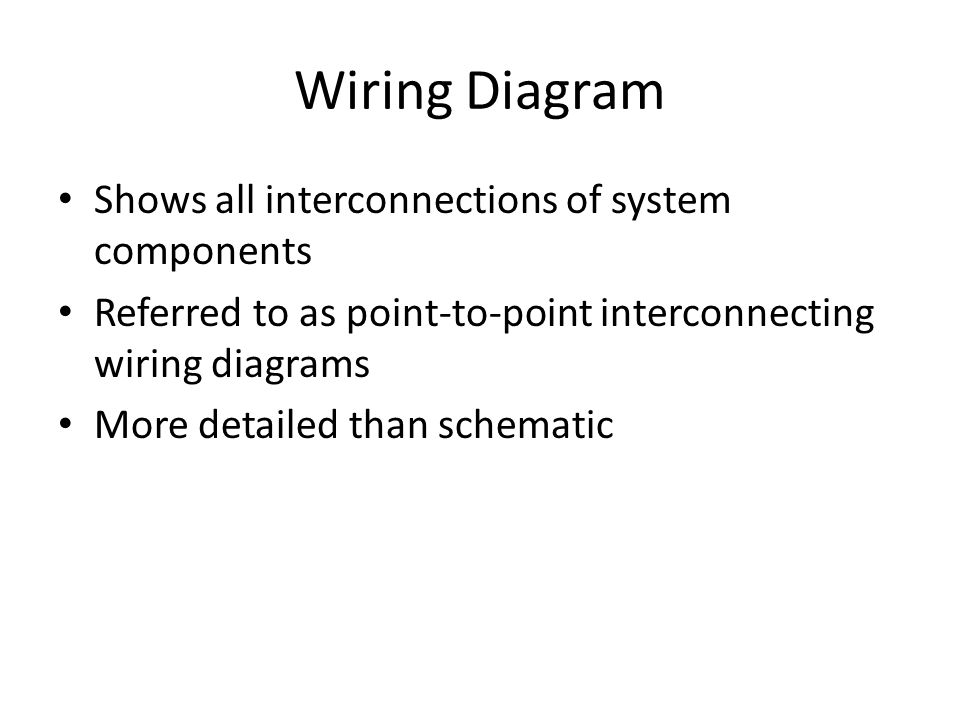 Wiring Diagram Shows all interconnections of system components Referred to as point-to-point interconnecting wiring diagrams More detailed than schematic