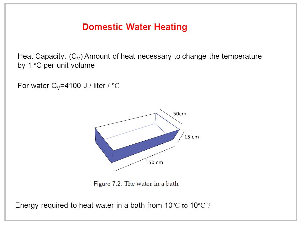 Domestic Water Heating Heat Capacity: (C V ) Amount of heat necessary to change the temperature by 1 º C per unit volume For water C V =4100 J / liter / ºC Energy required to heat water in a bath from 10 ºC to 10 ºC