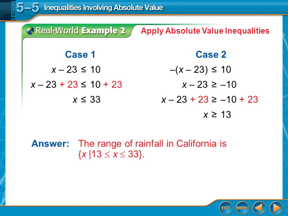 Example 2 Case 1 x – 23≤10 x – ≤ x≤33 Case 2 –(x – 23)≤10 x – 23≥–10 x – ≥– x≥13 Answer:The range of rainfall in California is {x |13  x  33}.