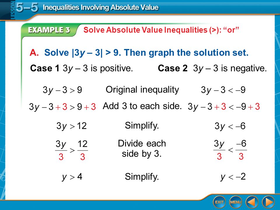 Example 3 A. Solve |3y – 3| > 9. Then graph the solution set.