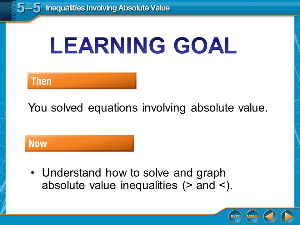 Then/Now You solved equations involving absolute value.