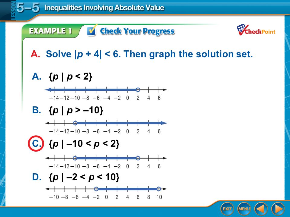 Example 1 A. Solve |p + 4| < 6. Then graph the solution set.