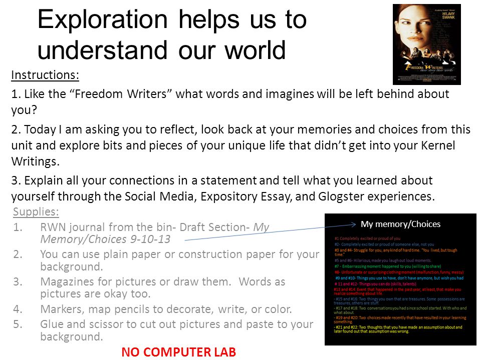 Exploration helps us to understand our world Supplies: 1.RWN journal from the bin- Draft Section- My Memory/Choices You can use plain paper or construction paper for your background.