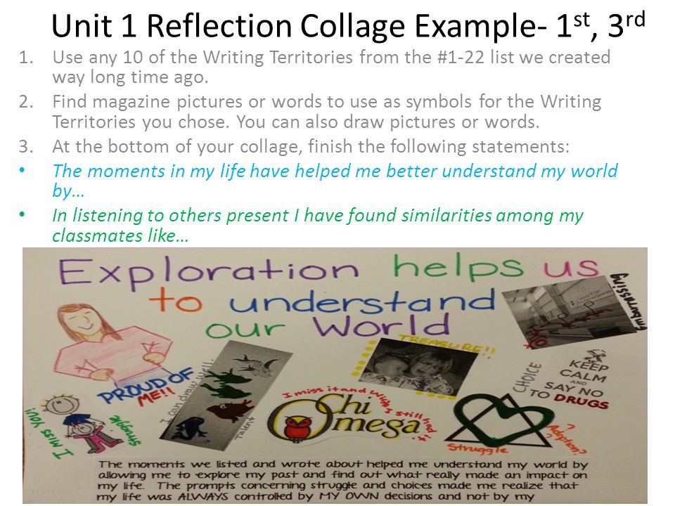Unit 1 Reflection Collage Example- 1 st, 3 rd 1.Use any 10 of the Writing Territories from the #1-22 list we created way long time ago.